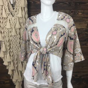 BCBGeneration Lace Mesh Paisley‎ Tie Front Cardigan